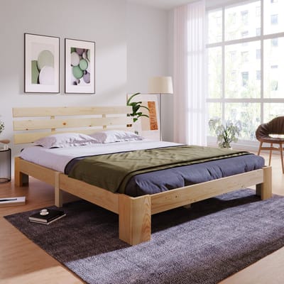 Tweepersoonsbed 140x200 cm van Massief Grenenhout – Houten Bed met Hoofdbord en Lattenbodem – Met 18 cm Opbergruimte – Wit/Natuurlijk – Compact Bed voor Slaapkamer en Logeerkamer