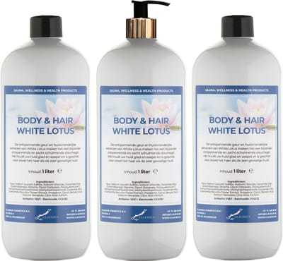 Body & Hair White Lotus 1 liter met gouden pomp - set van 3 stuks - 2 in 1 voor lichaam en haar - voordeelverpakking