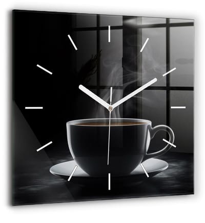 Wallfluent Wandklok - Een kopje zwarte koffie Klok met Print - 60 cm x 60 cm - Zwart Wandklok - Witte Handen - Wandklok Zonder Cijfers - Stille Wandklok Slaapkamer - Vierkante Glazen Klok - Minimalistisch Wandklok - Klok met Afbeelding