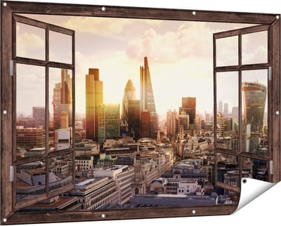 Gards Tuinposter Doorkijk Londen bij Zonsondergang in een Moderne Wijk - 150x100 cm - Tuindoek - Tuindecoratie - Wanddecoratie buiten - Tuinschilderij