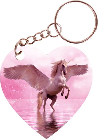 Sleutelhanger hartje 5x5cm - Witte Eenhoorn met Vleugels op Roze Achtergrond