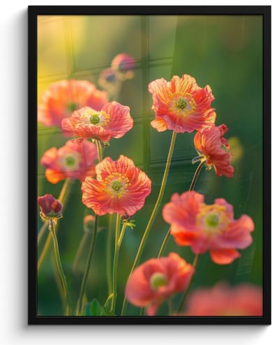 Poster in lijst - Fotolijst 50x70 cm - Posters - Bloemenveld - Zonnestralen - Oranje - Posterlijst zwart - Decoratie - Wanddecoratie woonkamer - Muurdecoratie slaapkamer