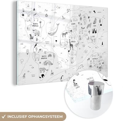 ® Glasschilderij 120x80 cm - Schilderij acrylglas - Wereldkaart - Kinderen - Wit - Zwart - Foto op glas - Muurdecoratie woonkamer - Wanddecoratie slaapkamer - Schilderijen