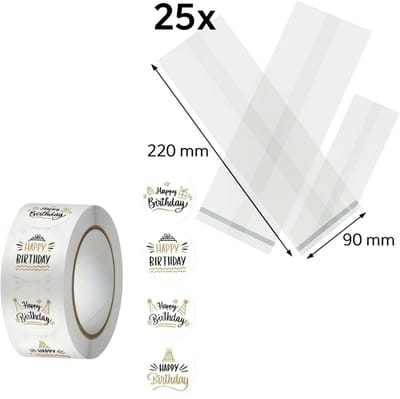 25x Uitdeelzakjes met Happy birthday stickers Goud | 220 x 90 mm | Traktatiezakjes | Kinderfeestje | Cellofaanzakjes | Cadeauzakjes | Snoepzakjes | Plastic Zakjes | Uitdeelzakjes kinderen | Cadeauzakjes Kinderen | Verpakkingszakjes Uitdeelcadeaus