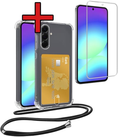 Hoesje Geschikt voor Samsung A56 Hoesje Met Telefoonkoord en Pasjeshouder Met Screenprotector Siliconen - Hoes Geschikt voor Samsung Galaxy A56 Hoesje Met Kaarthouder Shock Proof Case - Transparant