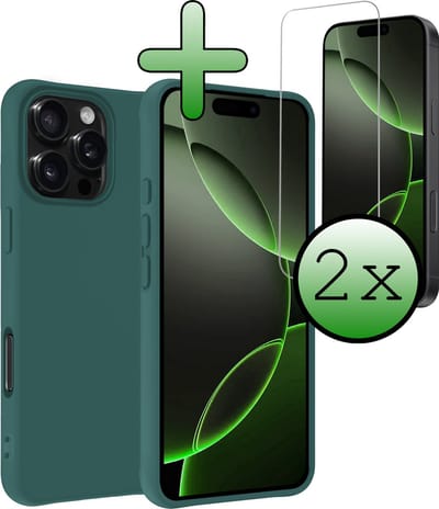 Hoesje Met 2x Screenprotector - Geschikt voor Apple iPhone 16 Pro - Sterk & Shockproof - Back Cover - Siliconen Case - Telefoon Hoes - Donkergroen