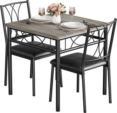 Eettafel Set - 74x74x76cm - Vierkante Tafel met 2 Kunstleer-Stoelen - Voor 2 Personen - Geschikt voor Woonkamer Eetkamer of Appartement - Grijs