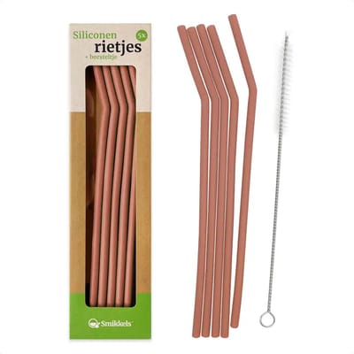 Smikkels - Herbruikbaar Siliconen rietjes - Set van 5 stuks - BPA vrij - Roze - Inclusief schoonmaak borsteltje