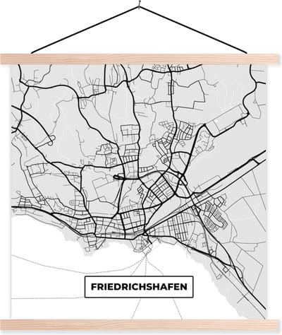 Posterhanger incl. Poster 40x40 cm - Schoolplaat - Friedrichschafen - Stadskaart - Plattegrond - Duitsland - Kaart - Textielposter - Blanke latten - Stadskaart