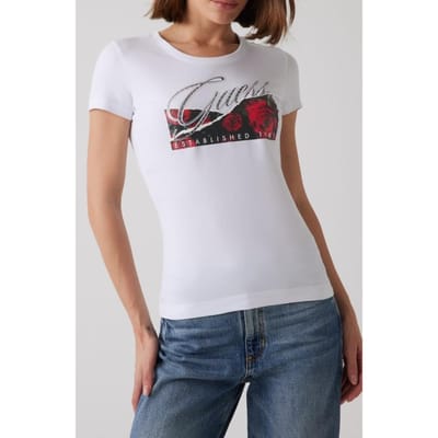 GUESS Ss Cn Roses Print Pure White Taglia: XS | Maglie Sportivi Outlet | Donna | Bianco