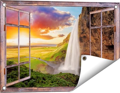 Gards Tuinposter Doorkijk Waterval in IJsland met Zonsondergang - 60x40 cm - Tuindoek - Tuindecoratie - Wanddecoratie buiten - Tuinschilderij