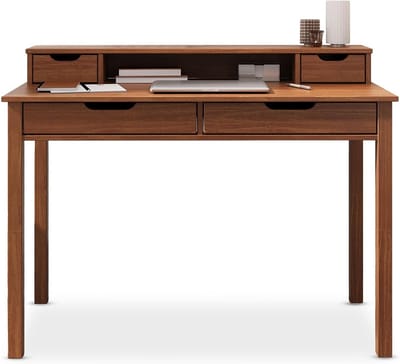 Schrijftafel Met Lades - Bureau Met Opbergruimte - Thuiswerken Kantoor - Massief Hout Constructie - 114 x 87 cm - Bruin