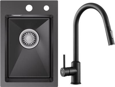 CECIPA max Spoelbak Keuken 30x45 cm Antraciet - Spoelbakken Keuken Met Keukenkraan - Wasbak Keuken - incl. Afvoerzeefje en Sifon
