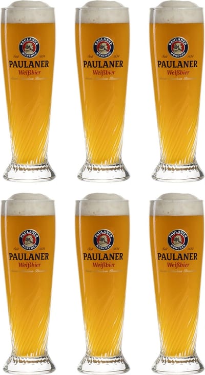Paulaner Bierglazen Weizen - 300 ml - 6 stuks - Set van 6 glazen voor koud bier - Ideaal voor borrels en diners - Vaatwasserbestendig - Helder glas - 203 mm hoog - Glaswerk - Bierglazen