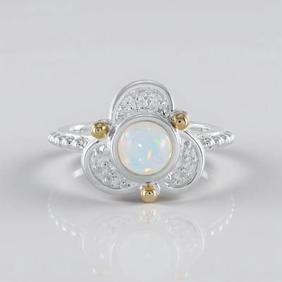 Cavill - 925 Sterling Zilver Ring met 0,53 ct Welo-Opaal & 0,11 ct Tanzanische Zirkonia - 14K Goud Granulatie - Elegante Filigraan Ringen