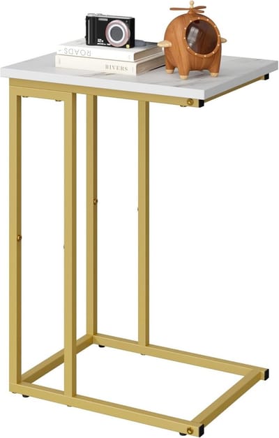 Bijzettafel C-vormig - Smal tafeltje - Bank en bed - Verstelbare pootjes - 61.5 cm hoog - Wit marmer goud