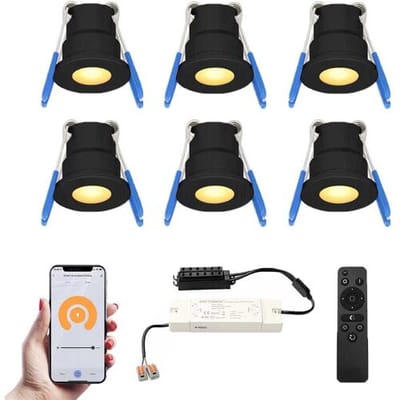 HOFTRONIC Set van 6 Milano Smart LED Mini Inbouwspots - Veranda spots - 12V 3W 200lm - Dimbaar - Wifi & Bluetooth - 2700K - IP65 waterdicht - Zwart