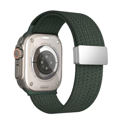 Nylon bandje - geschikt voor Apple Watch 1/2/3/4/5/6/7/8/9/10/11/ SE (1,2,3) met maat 38 mm / 40 mm / 41 mm en 42 mm (Watch 10/11) - magneetsluiting - donkergroen