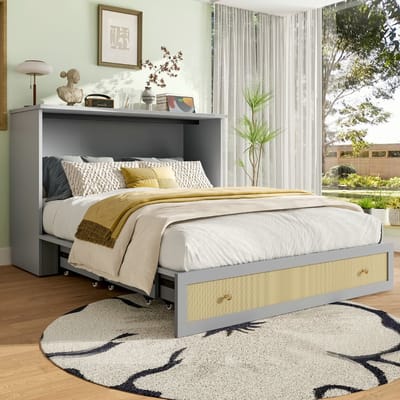 VVBV Opklapbed 140x200 cm met USB & Stopcontact, Planken - Lades - Grijs - Zonder Matras