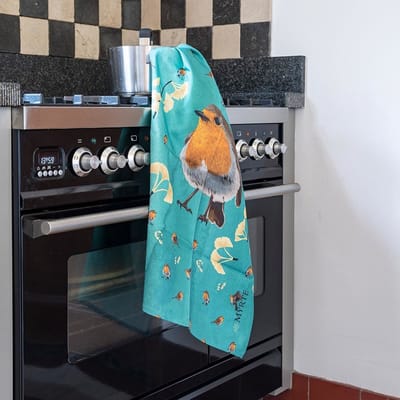 CJ Wildlife - 1st Theedoek Roodborstje - By Myrte - Katoen - 47x70cm - Vogel print - Kleurvast - Cadeautip
