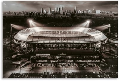 Schilderij Woonkamer - Geborsteld Aluminum - Stadion Feijenoord De Kuip Rotterdam - Zwart Wit - 90 x 60 cm