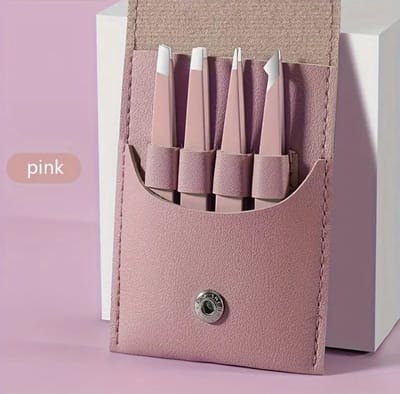 Pincet Epileer Set - Tweezers - 4-Delig - Pincet - Lederen opberg etui - Roze