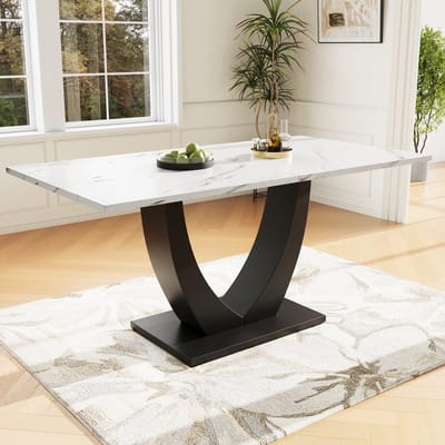 DESMIU Eettafel - Modern Marmermotief Met Stevig Metalen Frame En Verstelbare Poten - Voor Eetkamer, Woonkamer En Kantoor - MDF En Metaal - 140 x 75 x 75,5 Cm - Wit Zwart