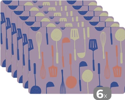 Placemat - Placemats kunststof - Patronen - Keukengerei - Spatel - Garde - 45x30 cm - 6 stuks - Hittebestendig - Anti-Slip - Onderlegger - Afneembaar