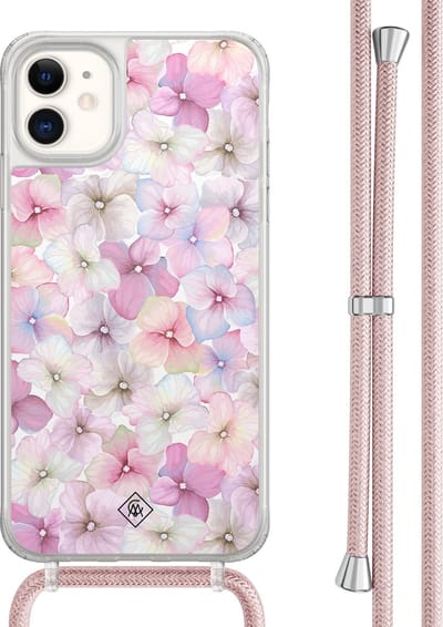 Casimoda® hoesje met rosegoud koord - Geschikt voor iPhone 11 - Floral Hortensia - Afneembaar koord - TPU/acryl - Paars