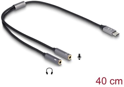 Delock Headset Adapter USB Type-C™ male DAC 24 Bit / 96 kHz Hi-Res to 2 x 3.5 mm 3 pin Stereo jack female