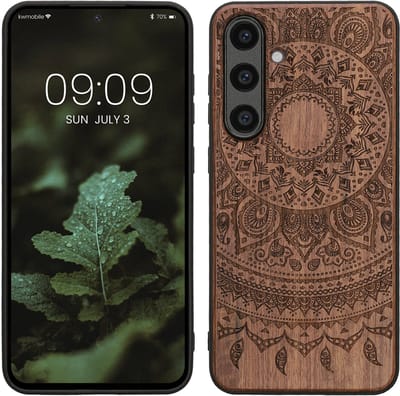 kwmobile telefoonhoesje geschikt voorSamsung Galaxy S24 FE - Hoesje met bumper - hout - In donkerbruin Indian Sun design