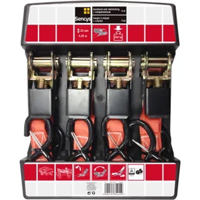 Sencys Ratelsjorband Rood Met Veiligheidshaak - 4,25mx25mm - 250kg - 4 Stuks