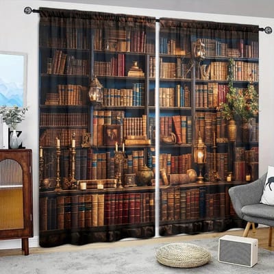 2 stuks Middeleeuwen Boekenkast Bedrukte Gordijn voor Huisdecoratie - Tunnel voor Roede Raambekleding voor Slaapkamer, Kantoor, Keuken, Woonkamer 52.5cmX116cmX2pcs brown