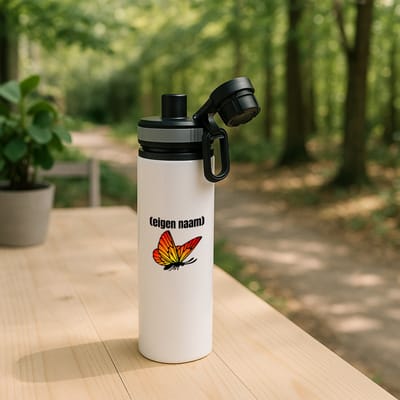 Hacebo® - oranje vlinder met eigen naam waterfles met draaidop grijs - Vlinder - dieren liefhebber - iemand die houdt van vlinders - verjaardag - cadeau - kado - geschenk - water fles - 850ML