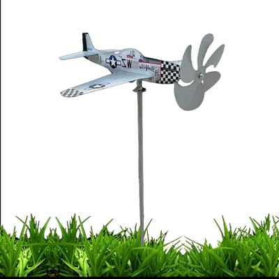 Vliegtuig windspinner, metalen tuinwindmolen, vliegtuigmodellering windmolen, kinetische beweging, metalen constructie, eenvoudige installatie voor gazon, tuin, terras en tuin