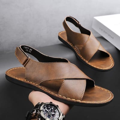 Zomer Heren Sandalen Echt Leer Heren Casual Schoenen Outdoor Heren Leren Sandalen voor Heren Strand Schoenen Romeinse Herenschoenen 46 black