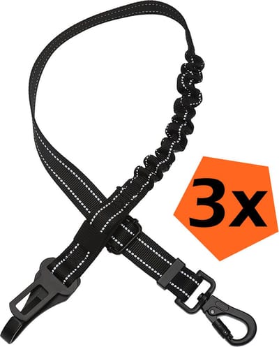 Hondenriem Autogordel Hond Autoriem Met Kliksysteem en Haak Flexibel - Hondenriem Auto - Zwart - 3 PACK