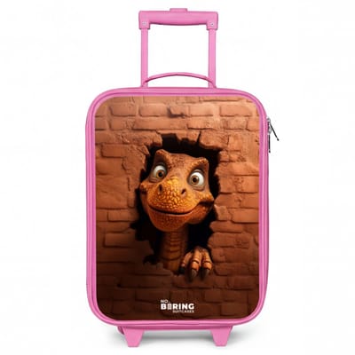 NoBoringSuitcases.com® - Kinderkoffer roze - Kindertrolley meisje - Dino met brede lach in bakstenen muur - Koffer kind lichtgewicht - Reiskoffer trolley voor kinderen - Koffertje met lichtgevende wieltjes - Rolkoffer