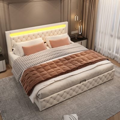 STILVORA Gestoffeerd Bed 180x200 Cm – Tweepersoonsbed Met Hoog Hoofdeinde – LED & Ruime Opbergruimte Onder Lattenbodem – Slaapkamer/Gasten – PU – Wit – Zonder Matras