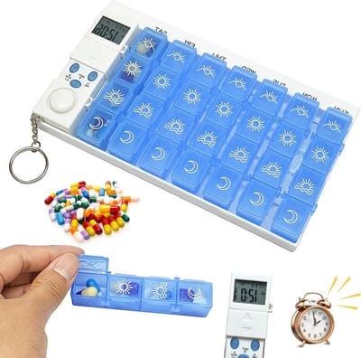 Allecta - Pillendoos 7 dagen met alarm en timer in blauw - Medicijnbox met 4 vakken - Tablettendispenser - Draagbare tabletten organizer met wekkerherinnering
