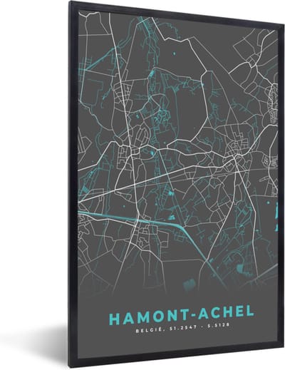 Fotolijst incl. Poster - Stadskaart – Grijs - Kaart – Hamont Achel – België – Plattegrond - 40x60 cm - Posterlijst
