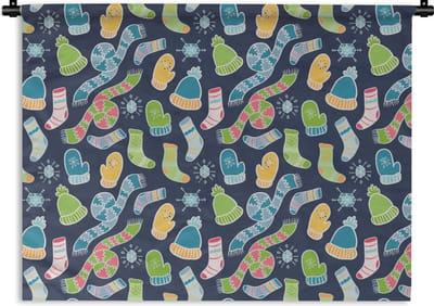 Wandkleed - Wanddoek - Sjaal - Handschoenen - Muts - Regenboog - Winter - Patronen - 120x90 cm - Wandtapijt