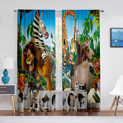 Cartoon Wilde Dieren In De Jungle Tule Voile Gordijnen voor Woonkamer Slaapkamer Olifanten Giraffen Familie Chiffon Transparant Gordijn 1 PCS W100XH250cm&Grommet Top