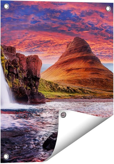 Gards Tuinposter Waterval bij een Berg - 40x50 cm - Tuindoek - Tuindecoratie - Wanddecoratie buiten - Tuinschilderij