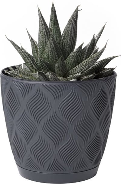 Form Plastic Plantenpot/bloempot New Age - kunststof - antraciet - D15 x H14 cm - met opvang schotel - rond