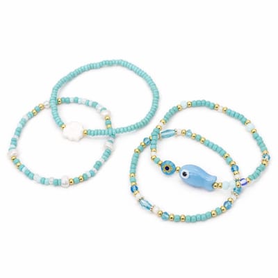 Armbanden set Meisje- Kralenarmbanden meisje- Blauwe kralenarmbanden- Armbandje vis schelp- Zomer armbandjes- Cadeau Meisje- LiLaLove- Kind