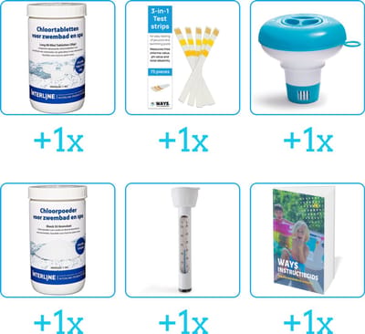 Zwembad Onderhoudspakket - Onderhoud Zwembad - bevat Chloor - Testrips - Chloordrijver - Chloor - Thermometer en Zwembadgids (6-delig)
