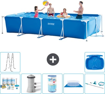 Intex Rechthoekig Frame Zwembad - 450 x 220 x 84 cm - Blauw - Inclusief Onderhoudspakket - Zwembadfilterpomp - Filter - Grondzeil - Schoonmaakset - Ladder - Voetenbad - 8-delig