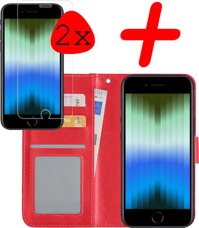 Hoesje Met 2x Screenprotector - Geschikt voor Apple iPhone SE (2022) - Luxe Pasjeshouder - Bookcase Portemonee - Flip Case - Kunstleer Book Case - Flipcase Hoes - Book Cover - Walletcase - Portemonneehoes - Rood