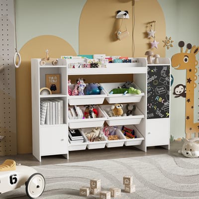 Multifunctionele kinderboekenkast, opbergplank, 4-laags, 2 deuren, 1 schoolborddecoratie, multifunctionele plank met 8 flexibele opbergvakken, kast voor slaapkamer, klaslokaal, kinderkamer, wit, 137x94,5x30cm